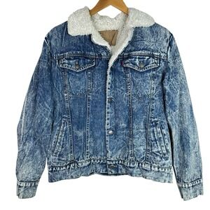 Vintage 80s Levi's Sherpa‎ Lined Denim Jacket Acid Wash Blue Mens Trucker Large